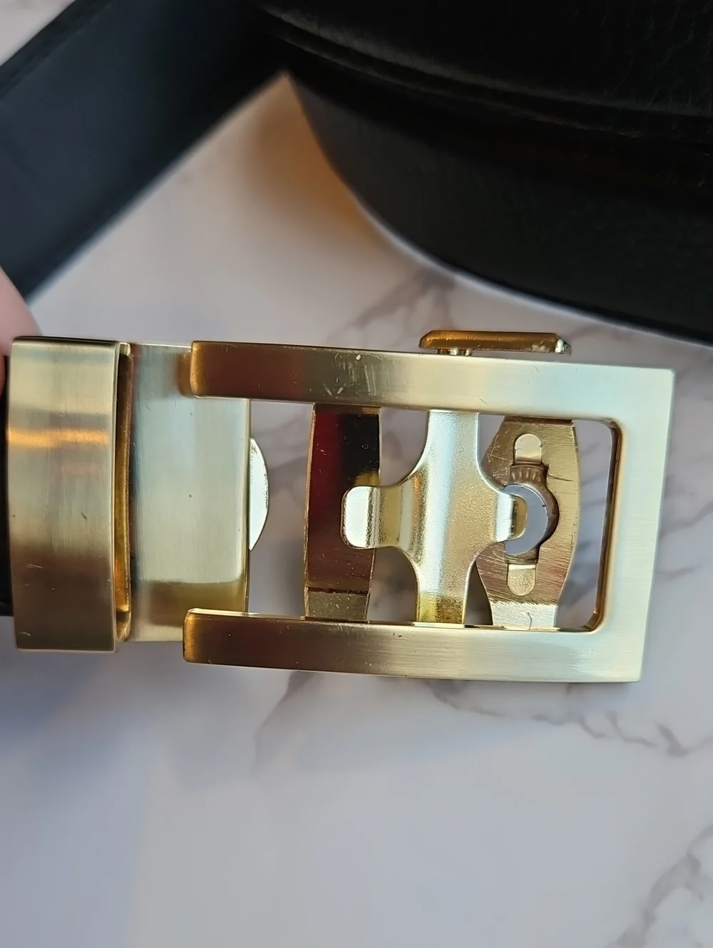 Anson Black Leather Men's Automatic Belt with Gold Buckle